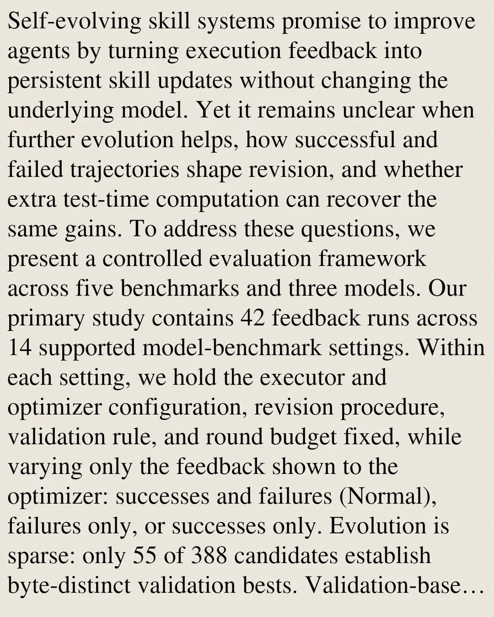 Self-evolving skill systems promise to improve agents by turning execution feedback into persistent skill updates without changing the underlying model. Yet it remains unclear when further evolution helps, how successful and failed trajectories shape revision, and whether extra test-time computation can recover the same gains. To address these questions, we present a controlled evaluation framework across five benchmarks and three models. Our primary study contains 42 feedback runs across 14 supported model-benchmark settings. Within each setting, we hold the executor and optimizer configuration, revision procedure, validation rule, and round budget fixed, while varying only the feedback shown to the optimizer: successes and failures (Normal), failures only, or successes only. Evolution is sparse: only 55 of 388 candidates establish byte-distinct validation bests. Validation-based selection chooses an evolved skill in 11 of 14 settings, nine of which improve released-test performance. 