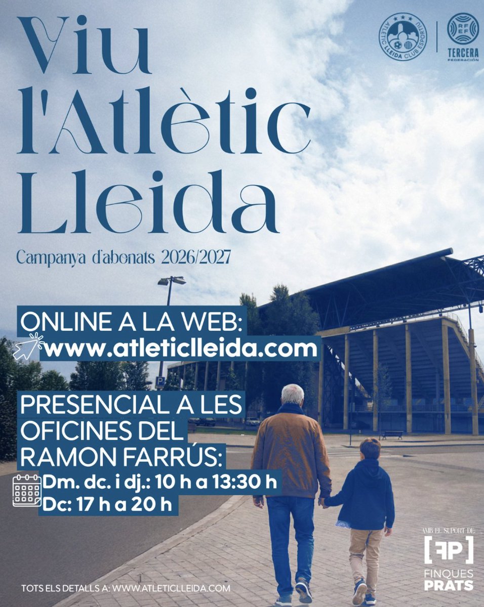 atletic_lleida's tweet photo. 💙VIU L'ATLÈTIC LLEIDA | Campanya d'abonats 26/27

💻Fes-te abonat/da online a https://t.co/j07z3G6oYH o presencialment al Ramon Farrús:

🗓️ Dimarts, dimecres i dijous: de 10.00 h a 13.30 h
🗓️ Dimecres: de 17.00 h a 20.00 h

🪪Renovacions: encara pots renovar el teu abonament mantenint el mateix preu i el mateix seient, sempre que encara estigui disponible.