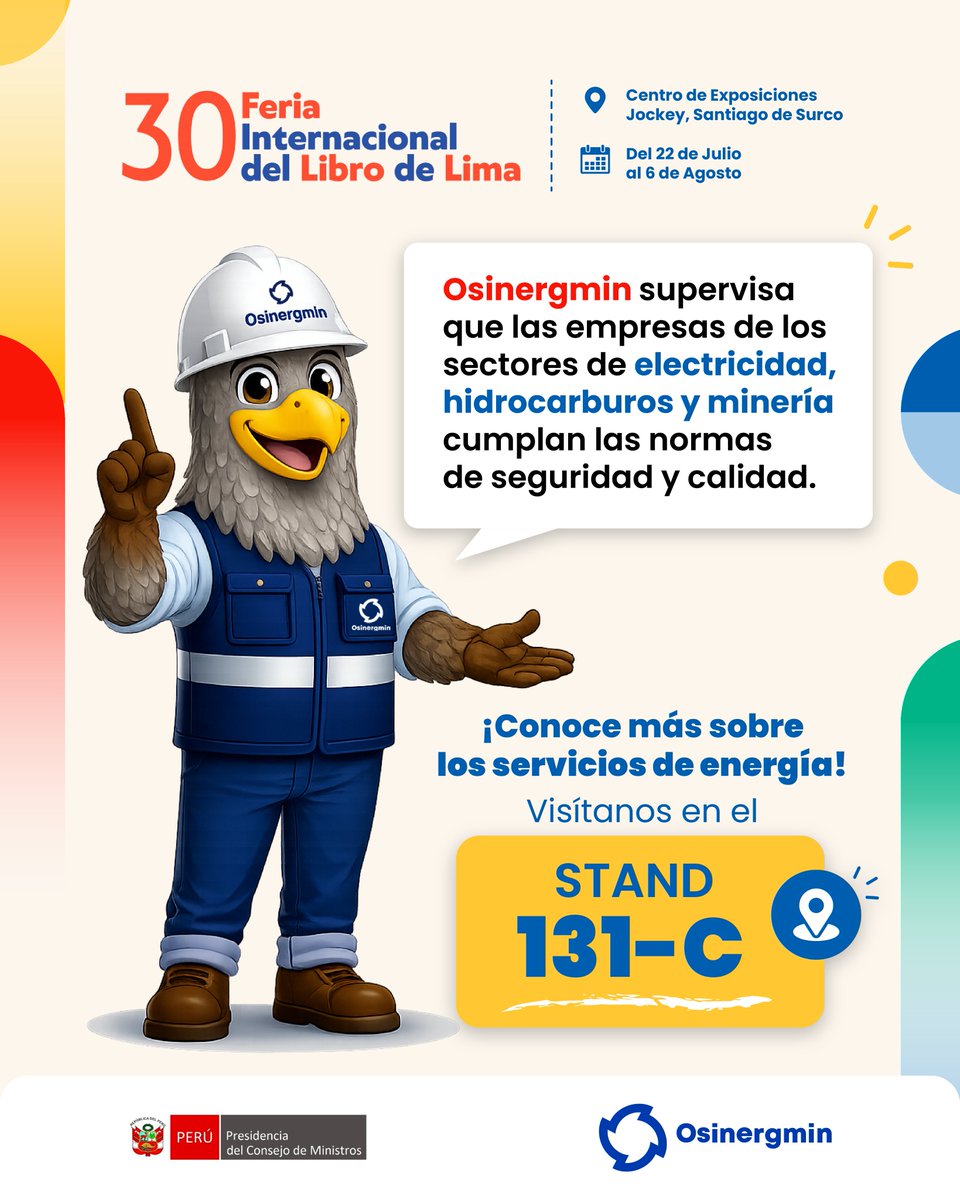 OSINERGMIN's tweet photo. 📚⏳ ¡Últimos días de la FIL Lima 2026! Aprovecha para visitarnos, conocer más sobre nuestra labor y participar en las actividades que hemos preparado toda la familia.
#FIL #FilLima https://t.co/mafTKSCTba