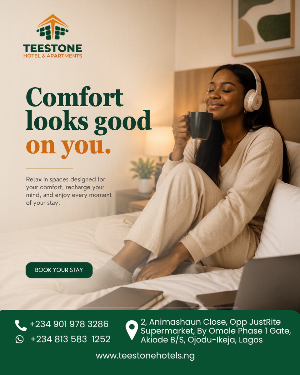 Teestonehotel's tweet photo. Take a midweek pause and enjoy the experience you deserve. ✨

From warm hospitality to stylish comfort, every stay is made to leave a lasting impression.
FOR RESERVATIONS
Call: +234 901 978 3286
WhatsApp: +234 813 583 1252
#TeestoneHotels #MidweekVibes #ModernHospitality #Stay https://t.co/PvHboa4ank