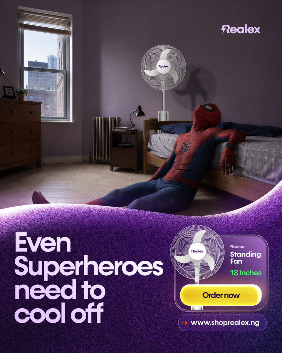 Realexng's tweet photo. Spider-Man might be saving the city, but your room deserves saving too. 😅

Stay cool with the Realex 18” Standing Fan, built to deliver powerful airflow and keep you comfortable

Shop yours now at https://t.co/gLVkPbHUoH.

#realex #realexperience #standingfan #spiderman https://t.co/goNU0Y29qh