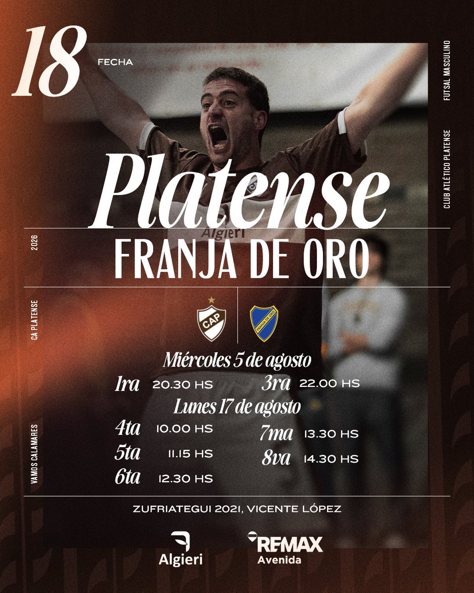caplatense's tweet photo. [Futsal] #Masculino #PrimeraB [REPROGRAMADO]

🔛 Hoy por la noche, los Calamares 🦑 se enfrentan al puntero Franja de Oro en la disputa de la fecha 18. 

➖ Las divisiones inferiores jugarán el día Lunes 17/08 

¡A darlo todo! 👊🏼

#𝐎𝐫𝐠𝐮𝐥𝐥𝐨𝐌𝐚𝐫𝐫𝐨́𝐧🤎 https://t.co/He8elMZvLa