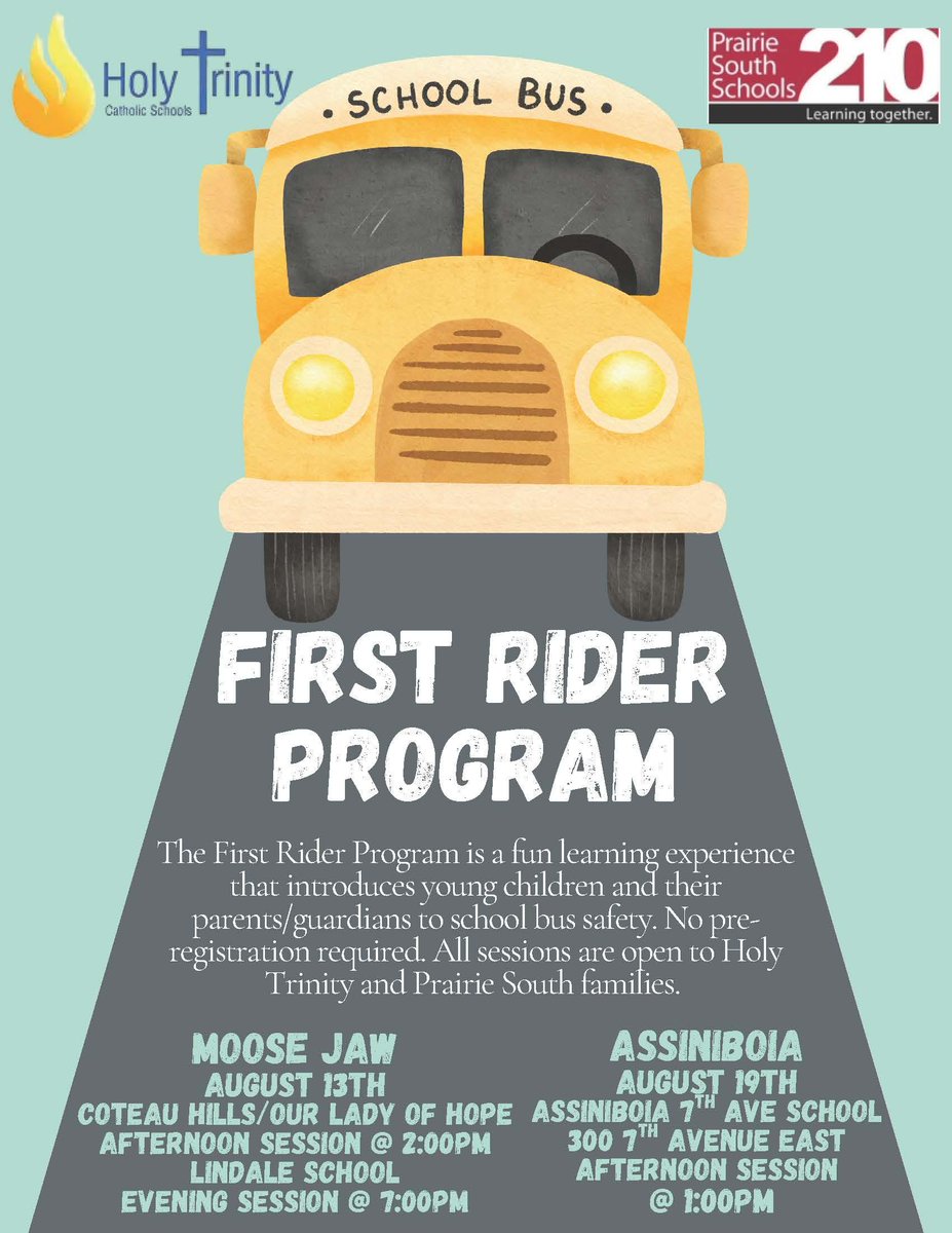 HolyTrinitySD's tweet photo. First Rider Program - The First Rider Program is a fun learning experience that introduces young children and their parents/guardians to school bus safety. No preregistration
required. All sessions are open to Holy Trinity and Prair https://t.co/nN0s93Pi9p https://t.co/xeiMKXNW2a