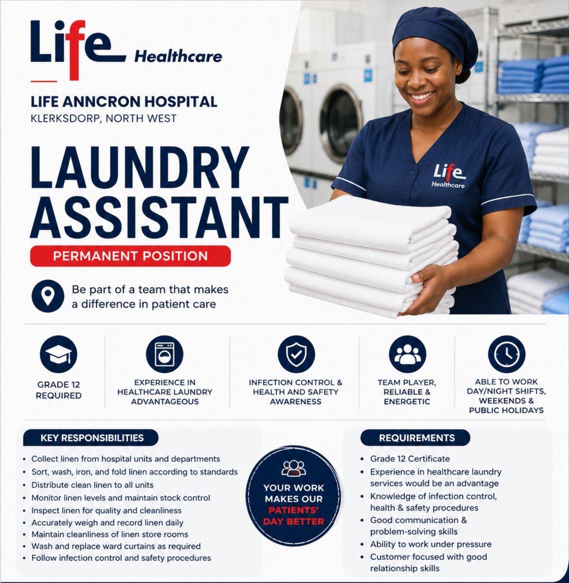 CarolBoitumelo1's tweet photo. Laundry Assistant – Life Anncron Hospital

📌Life Healthcare is hiring a Laundry Assistant in Klerksdorp, North West.

Min Requirements:
Grade 12 (Matric)
Healthcare laundry experience is an advantage
Good communication and teamwork
Willing to work shifts, weekends, and public holidays

Closing Date: 11 August 2026

Note: Visit Their Official Site To Apply 

Full Details: https://t.co/2fR7nbrfCY