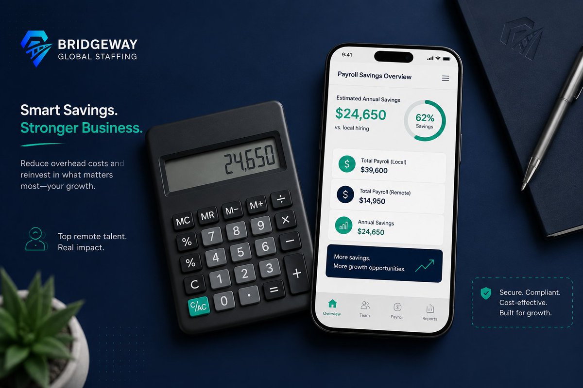 BridgewayStaff's tweet photo. Stop guessing your hiring overhead. Run the actual numbers.

Our Free Hiring Cost Calculator shows US business owners how much they can optimize payroll while scaling.

🧮 Try the calculator: https://t.co/NUKAh1hqQO https://t.co/72SvQft792