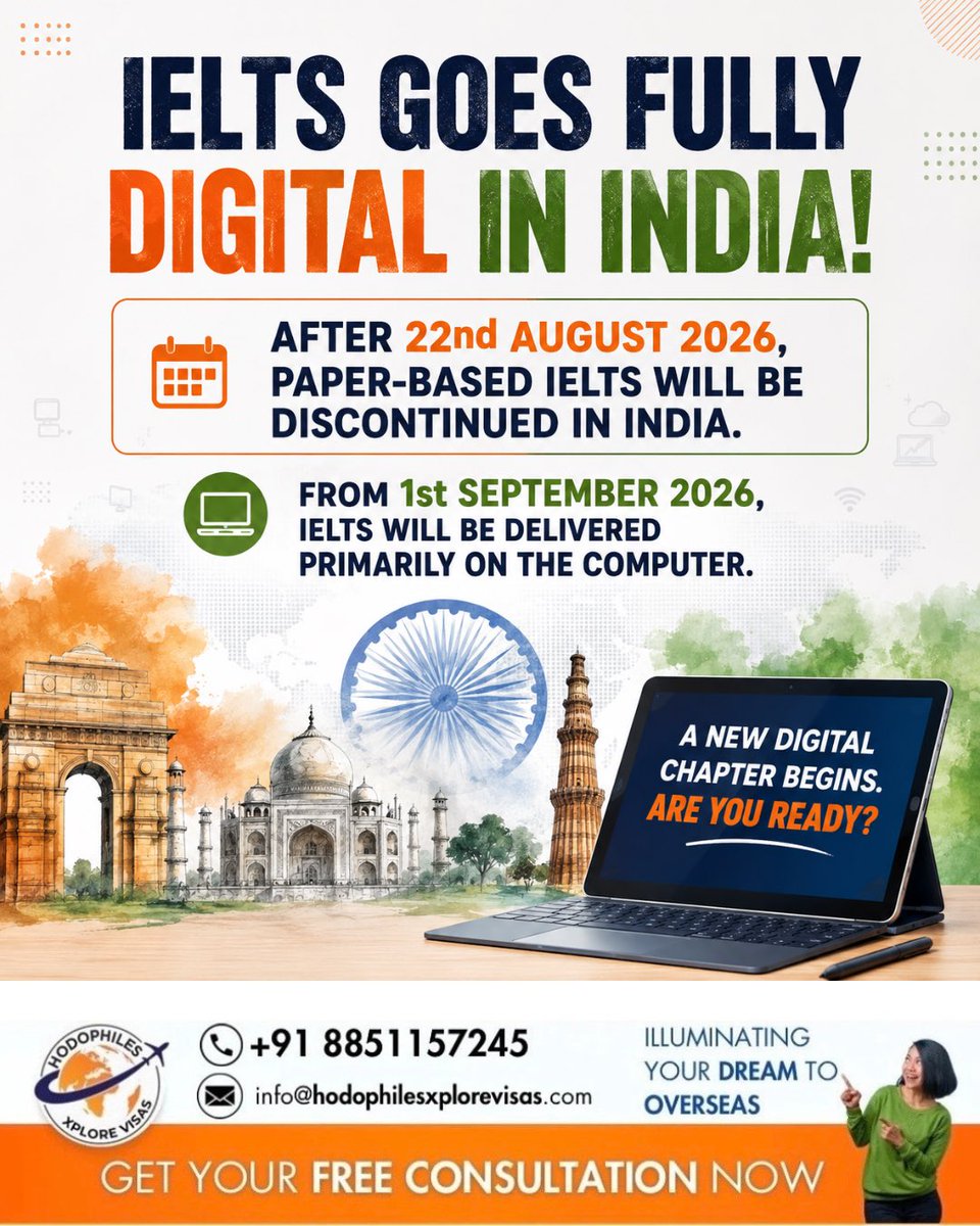 Xplorevisas's tweet photo. BIG UPDATE: IELTS GOES FULLY DIGITAL IN INDIA

GET YOUR FREE CONSULTATION NOW

📞 +91 8851157245 
📧 info@hodophilesxplorevisas.com

#IELTS #DigitalIELTS #StudyAbroad #HodophilesXploreVisas #IELTSIndia https://t.co/JhkrBQ7yFH