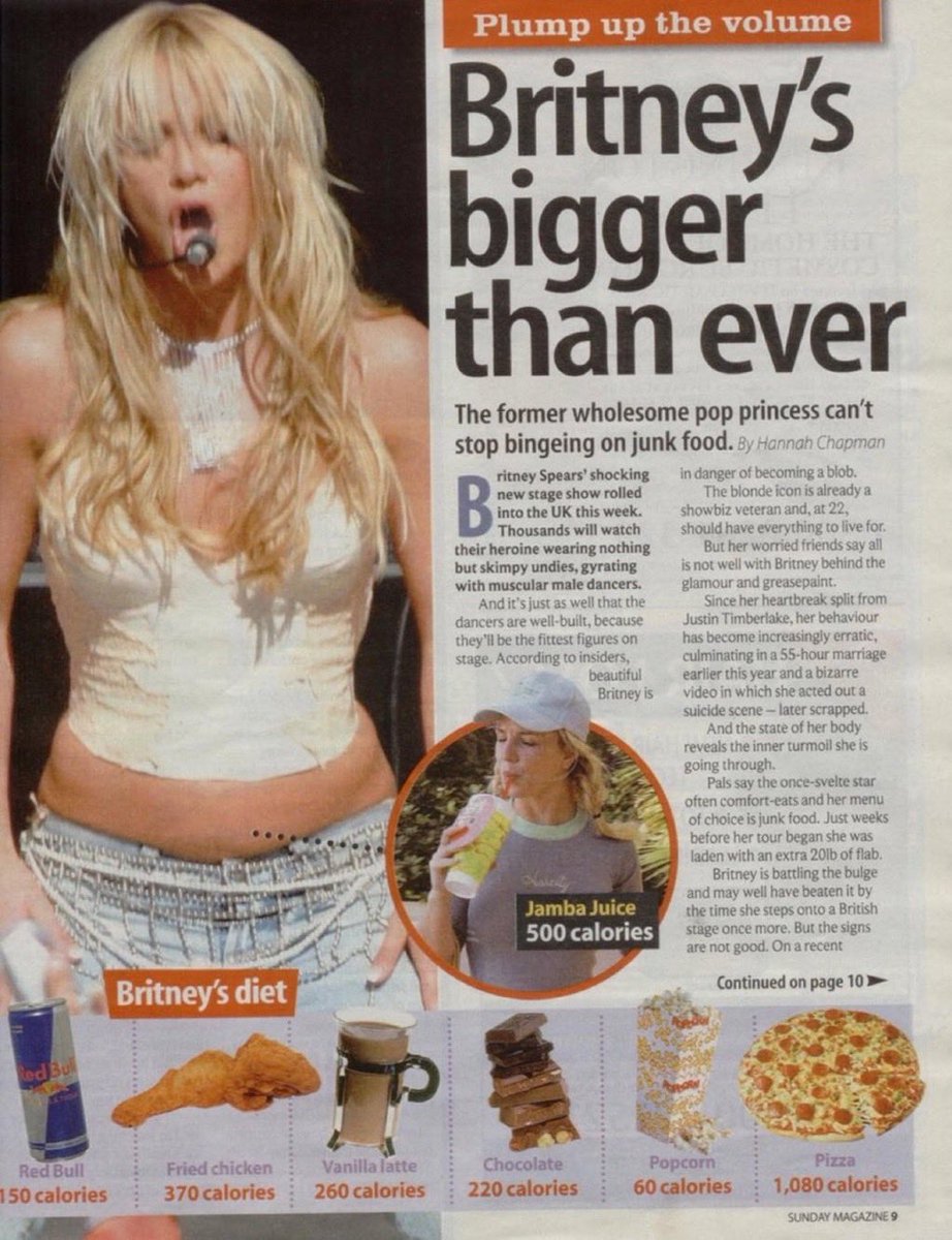 britneyscrave's tweet photo. Taylor was 100% right. I’ll never forgive the media for bodyshaming Britney Spears in the 2000’s. So many women developed ED’s because of the beauty standards then - why are you counting a woman’s calories… And the worst part? This is how she looked at the time💀 https://t.co/16pR4ZhJoY