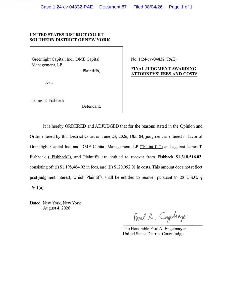 FLVoiceNews's tweet photo. NEW: Federal judge orders GOP candidate Fishback to pay $1.3M in fees after legal battle with former employer

U.S. District Judge Paul A. Engelmayer signed the judgment Tuesday in the Southern District of New York, awarding Greenlight Capital Inc. and DME Capital Management LP a total of $1,318,516.03
