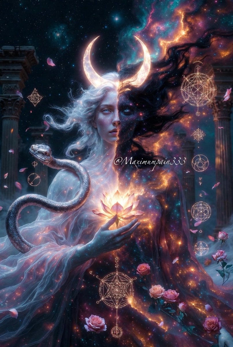 maximumpain333's tweet photo. THE DIVINE FEMININE IS THE MISSING PIECE

In the ancient silence before form, before the first breath of creation, there was only the undivided One. 

Then came the great remembering — the sacred split into light and shadow, will and womb, thunder and tide. For ages the world has moved under the banner of the solar, the linear, the conquering flame. Empires rose on the strength of the spear and the sword of intellect. Yet something essential remained unfinished, a hollow at the center of the cosmos.

She is the missing piece.
The Divine Feminine is not the opposite of the masculine — She is its completion, its mirror, its tender abyss. She is the dark fertile void from which galaxies unfurl, the soft gravity that holds stars in their dance, the blood-red moon that teaches death how to become rebirth. She moves in cycles, not conquest. She speaks in symbols, not decrees. She is the rose that blooms from the wound, the serpent coiled at the root of the Tree, the veiled Isis who reveals only to those who have learned to kneel in wonder.

When humanity forgot Her, the world grew brittle. Rivers were straightened into canals, forests into lumber, the body into machine. The heart was exiled from the temple. Now the fracture is felt in every soul that aches without knowing why — a homesickness for the Great Mother, for the oceanic embrace that once held us before we learned to stand alone.

To restore the Divine Feminine is not to dethrone the masculine, but to invite Him home. When the two remember they were never truly separate, the alchemical marriage begins: the hieros gamos of heaven and earth. Then the missing piece slides into place, and the entire mandala of existence glows complete.

She has never left.
She has only been waiting —
in the quiet between heartbeats,
in the still point of the turning world,
in the soft dark where all light is born.
Return to Her.

She is the threshold.
She is the answer.
She is the missing piece that makes the One whole again.

✨🙌🏽💫