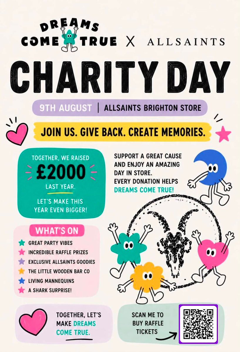 Brillbrighton's tweet photo. Don't miss AllSaints Brighton's charity day this Saturday - with raffles, goodies, cocktails &amp; more, all raising funds for Dreams Come True! https://t.co/V5jhbIsMq9 https://t.co/5OTe3LV8nC