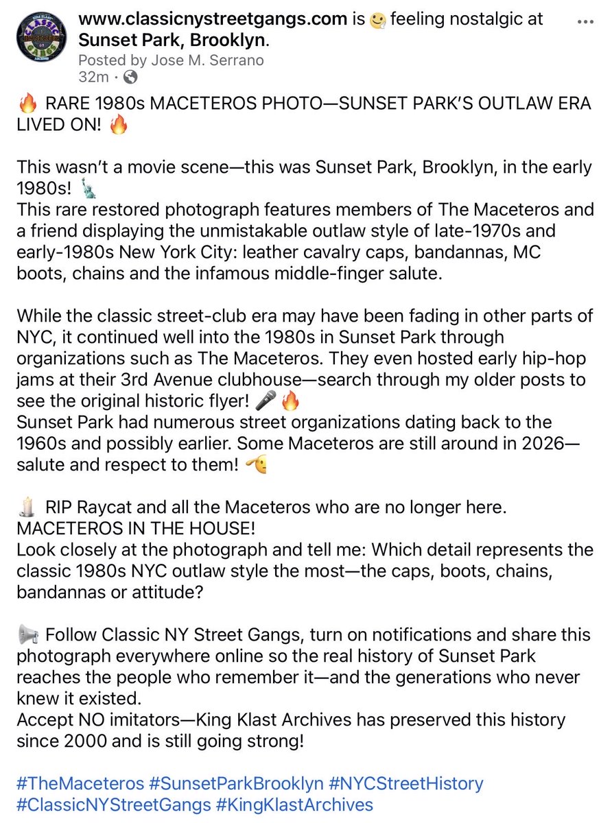 kingklast's tweet photo. 🔥 RARE 1980s MACETEROS PHOTO—SUNSET PARK’S OUTLAW ERA LIVED ON! 🔥

#TheMaceteros #SunsetParkBrooklyn #NYCStreetHistory #ClassicNYStreetGangs #KingKlastArchives https://t.co/Ar6yMOhl3X