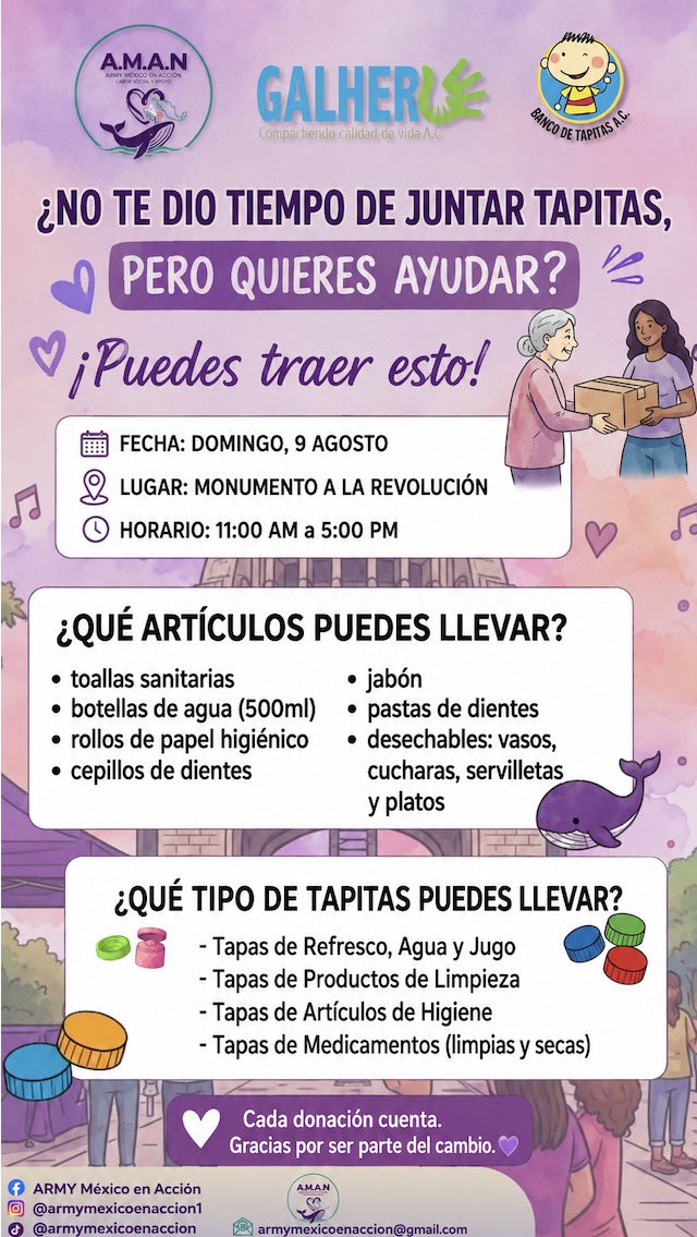 Armymxaccion's tweet photo. Solo faltan 5 días. Cada tapita que guardes hoy será parte de algo mucho más grande este 9 de agosto. 
🫟Recuerda que también puedes donar artículos de higiene personal.
#ARMY #CDMX #MonumentoalaRevolución @bancodetapitas @tapitasdejinnie https://t.co/RoLNCSxhhf