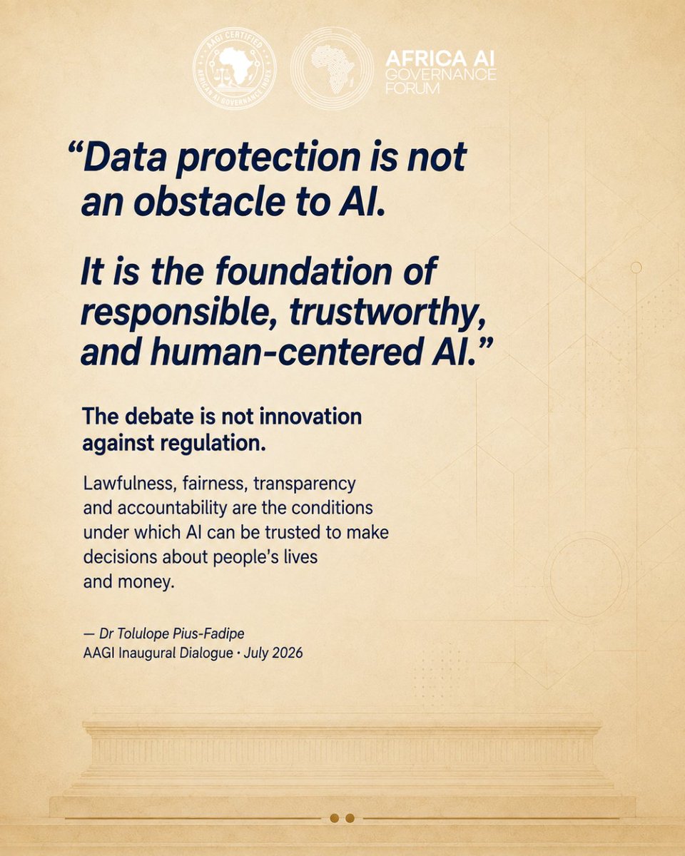 AAGIndex's tweet photo. "Data protection is not an obstacle to AI. It is the foundation."

Dr Tolulope Pius-Fadipe, NDPC Nigeria, at AAGI's inaugural dialogue.

"If people don't understand their rights, they cannot exercise them."

#Nigeria has the law. Transparency sits 47 points below average.

#AAGI https://t.co/QjEXNhV72o