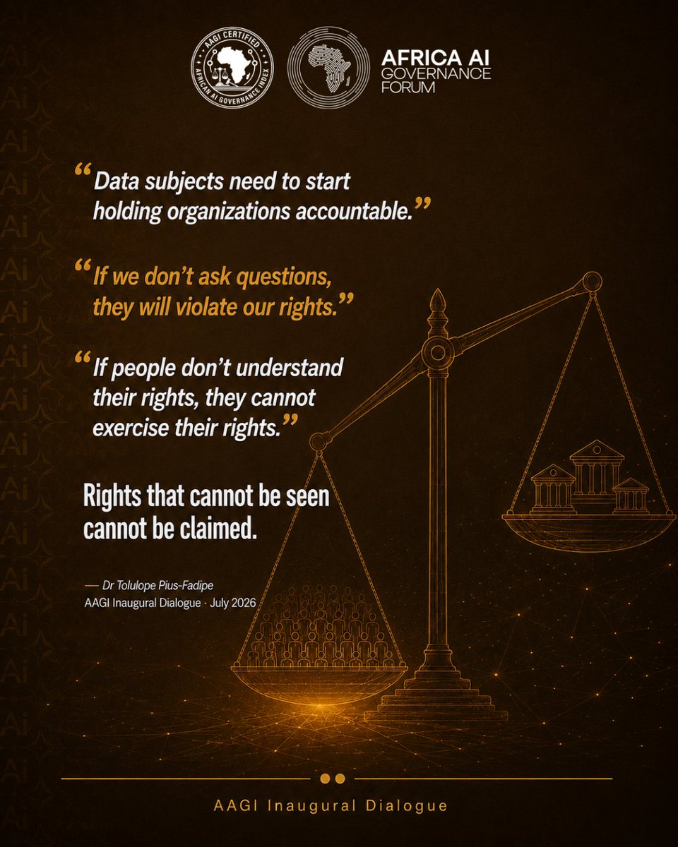 AAGIndex's tweet photo. "Data protection is not an obstacle to AI. It is the foundation."

Dr Tolulope Pius-Fadipe, NDPC Nigeria, at AAGI's inaugural dialogue.

"If people don't understand their rights, they cannot exercise them."

#Nigeria has the law. Transparency sits 47 points below average.

#AAGI https://t.co/QjEXNhV72o