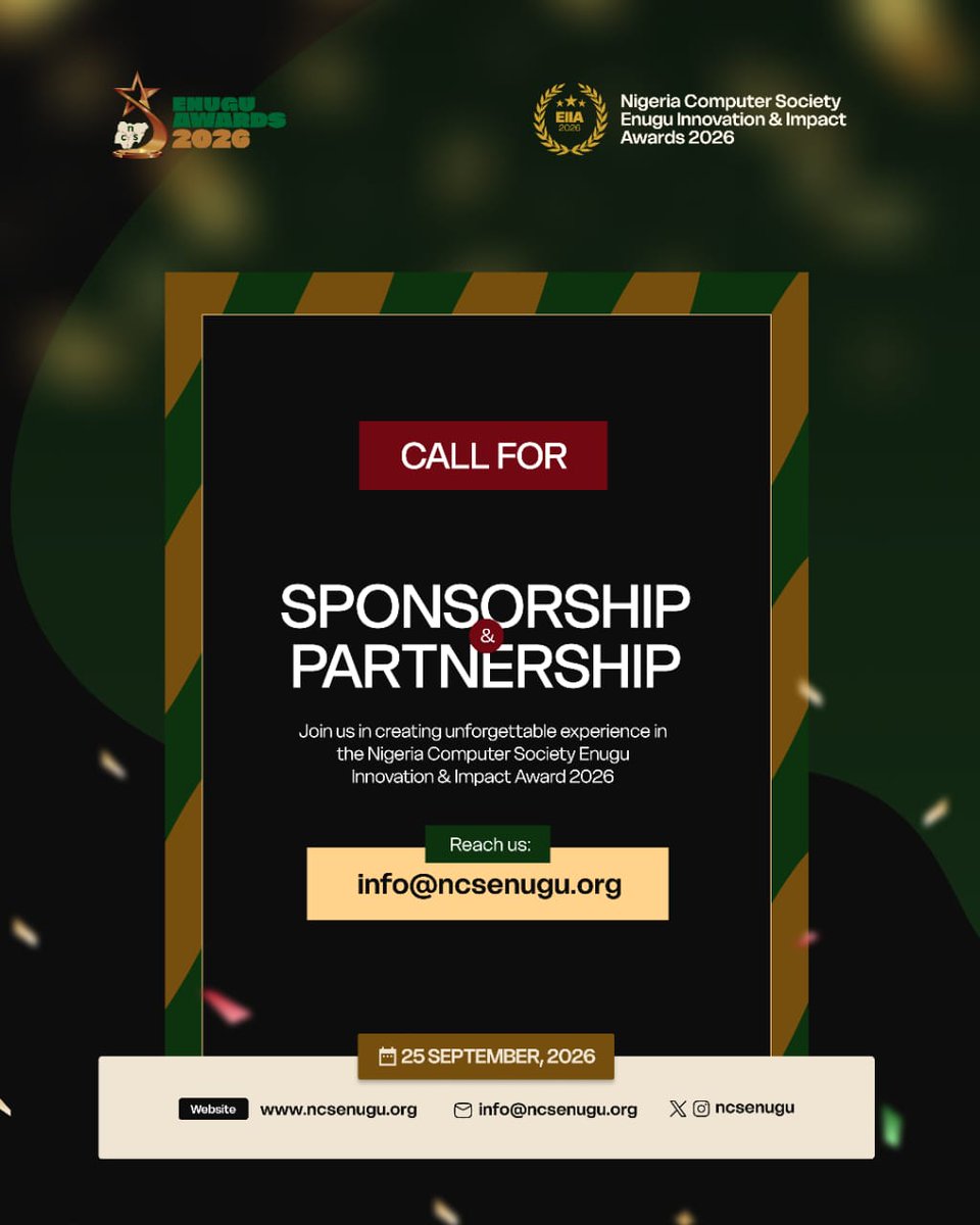 ncsenugu's tweet photo. Call for Sponsors & Partners 📢

The NCS Enugu State Innovation & Impact Awards 2026 invites organizations and brands to partner with us in celebrating excellence, innovation, and leadership within the technology ecosystem.

Join us in creating an unforgettable experience.

📩 Get in touch to request our sponsorship package.