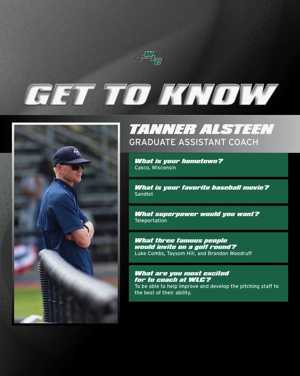 WLC_Base's tweet photo. Let’s give a big warm welcome to our new guy on staff, Tanner Alsteen! Coach Alsteen will be working with the pitching staff as our new GA!
#armorup🟢⚪️⚫️⚔️ https://t.co/Iar5CWbzfP