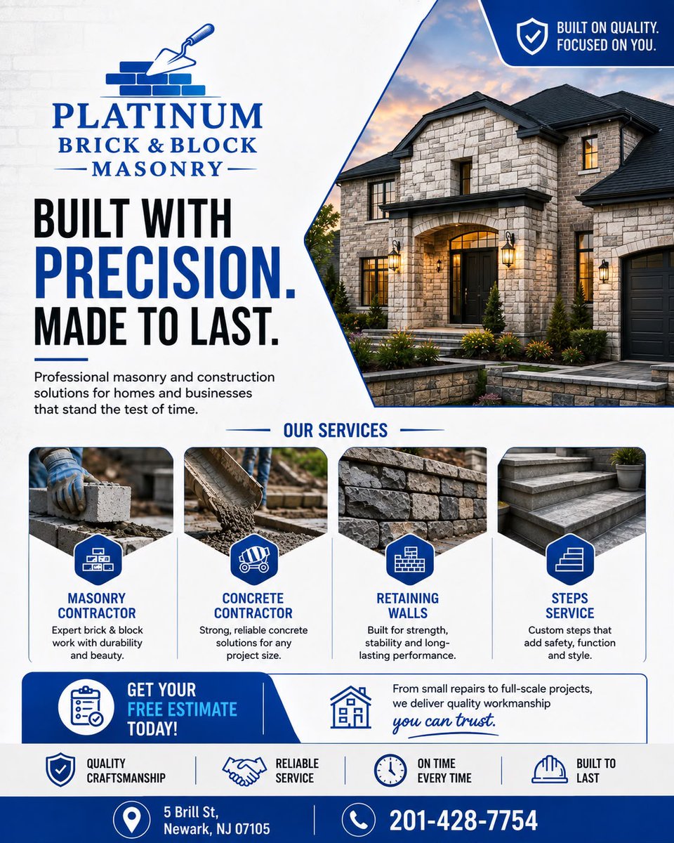 platinumBBLLC's tweet photo. Built with Precision. Made to Last. 🧱

From masonry and concrete to retaining walls and custom steps, we deliver quality craftsmanship that stands the test of time.

📍 5 Brill St, Newark, NJ 07105
📞 201-428-7754

Contact us today for your FREE estimate!

#PlatinumBrickAndBlock https://t.co/pRjN3Bsx8l