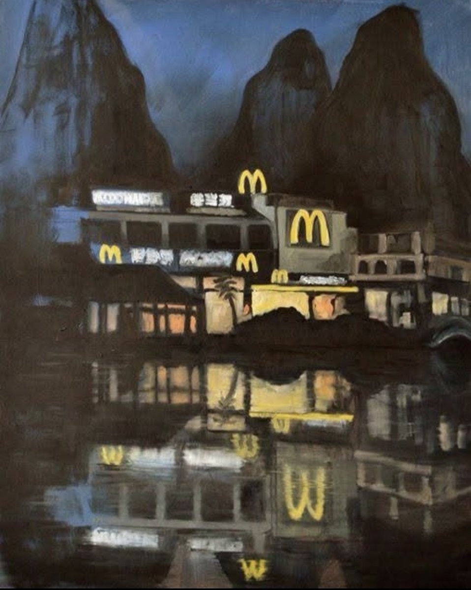 didyouknowgamin's tweet photo. I used to live in a mountain town with a McDonalds I'd eat breakfast after drinking all night.

I had to leave the country and wound up in a bar in Cambodia. When I said I lived in that town, the barkeep said he'd been there and painted that McDonalds. Just found the painting. https://t.co/iAlEgyvGvt