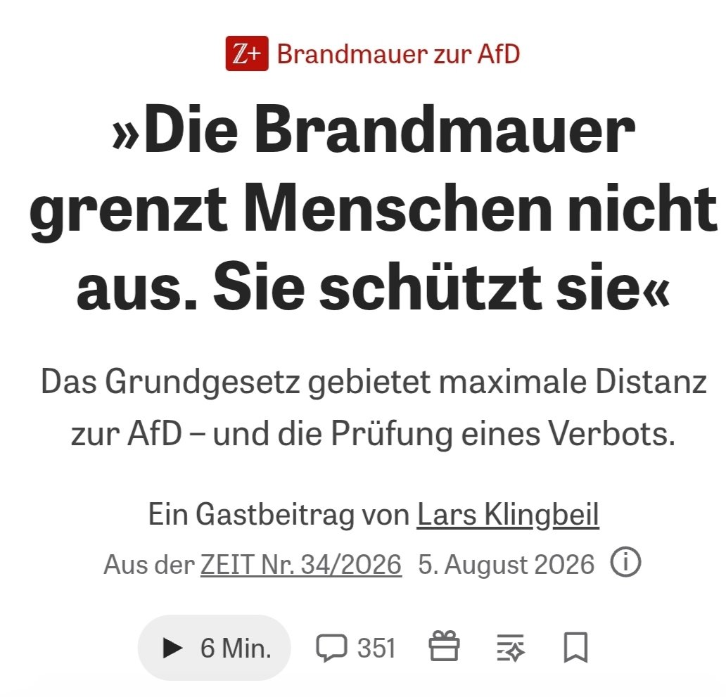mainstreamwatch's tweet photo. "Die Brandmauer grenzt Menschen nicht aus. Sie schützt sie."
Nein, dieser Satz stammt nicht von einem Schwachkopf. Er ist an Schwachköpfe gerichtet.
Ohne die Brandmauer wäre sein Verfasser, Lars Klingbeil, ein Nichts. Die Brandmauer garantiert ihm Geld und Macht.
Doch auch die Brandmauer hat zwei Seiten: Er erkauft sich seine Privilegien mit dem Ruin der SPD. Und er weiß: Die letzten ihm verbliebenen Idioten seiner Partei werden das bis an ihr politisches Lebensende nicht begreifen.
