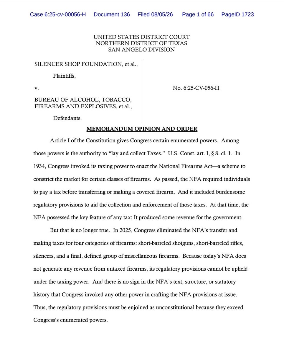 scotus_wire's tweet photo. 🚨 A federal judge has ruled that major portions of the National Firearms Act are unconstitutional after Congress eliminated certain taxes on suppressors, short-barreled rifles, short-barreled shotguns, and other covered firearms. https://t.co/C2s2diEU8E