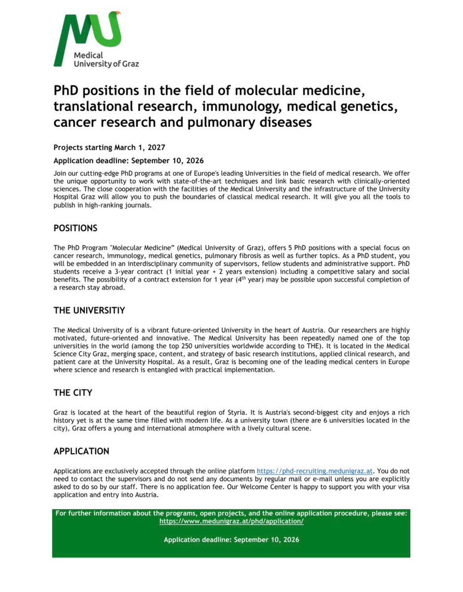 thatoptometrist's tweet photo. 📢 PhD Positions - Austria 🇦🇹
Medical University of Graz | Molecular Medicine Program
Start: March 1, 2027 | Deadline: September 10, 2026

Fields: molecular medicine, translational research, immunology, medical genetics, cancer research, pulmonary diseases

Positions: 5 PhD positions
Focus: cancer research, immunology, medical genetics, pulmonary fibrosis + related topics
Contract: 3-year contract (1 initial year + 2 years extension) with competitive salary and social benefits. Possible 1-year extension to 4th year
Support: Embedded in interdisciplinary community with supervisors, fellow students, admin support. Opportunity for research stay abroad

About:
One of Europe's leading universities for medical research, top 250 worldwide. Located in Medical Science City Graz with University Hospital Graz. Strong link between basic research and clinical application

City: Graz, Austria's 2nd biggest city. University town with 6 universities, young and international atmosphere

Application:
Apply exclusively online: https://t.co/xuIiLzX2hz
No application fee. Do not email supervisors directly unless asked
More info: https://t.co/0CLsCrQUBK
Visa support available through Welcome Center

#PhD #MolecularMedicine #MedicalResearch #Immunology #CancerResearch #Austria
