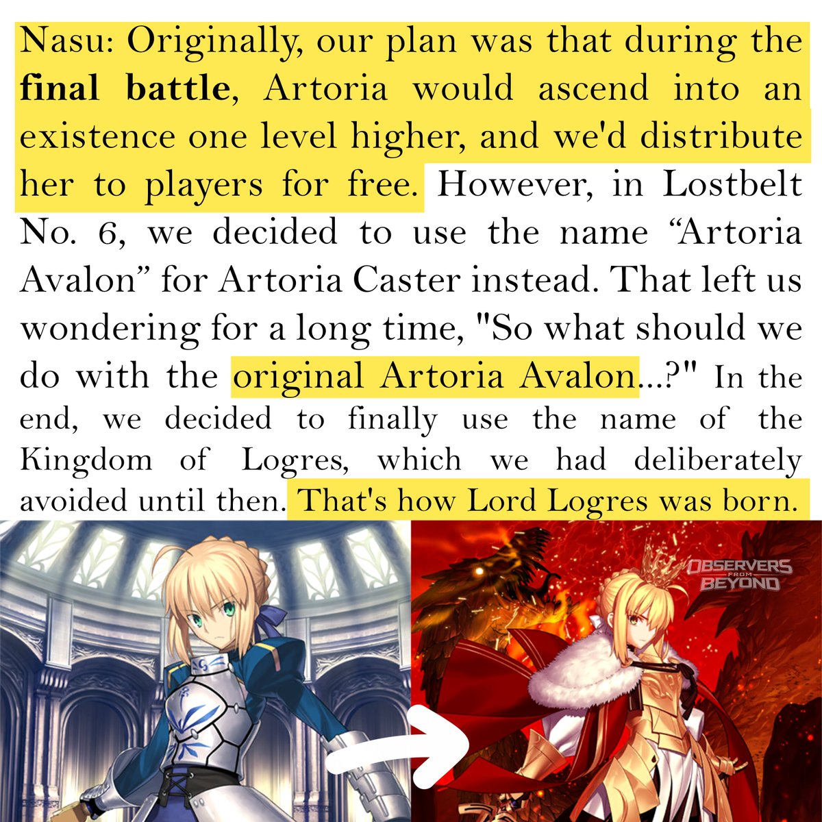 Blue_Phoenixofb's tweet photo. Original plan was for Artoria to become an even higher being during the Final Battle, bearing the name “Artoria Avalon.” But after "Artoria Avalon" name was given to Castoria, the fate of original Artoria Avalon remained uncertain until she was given new name: “Lord Logres”
#FGO https://t.co/lLF8iUC67A