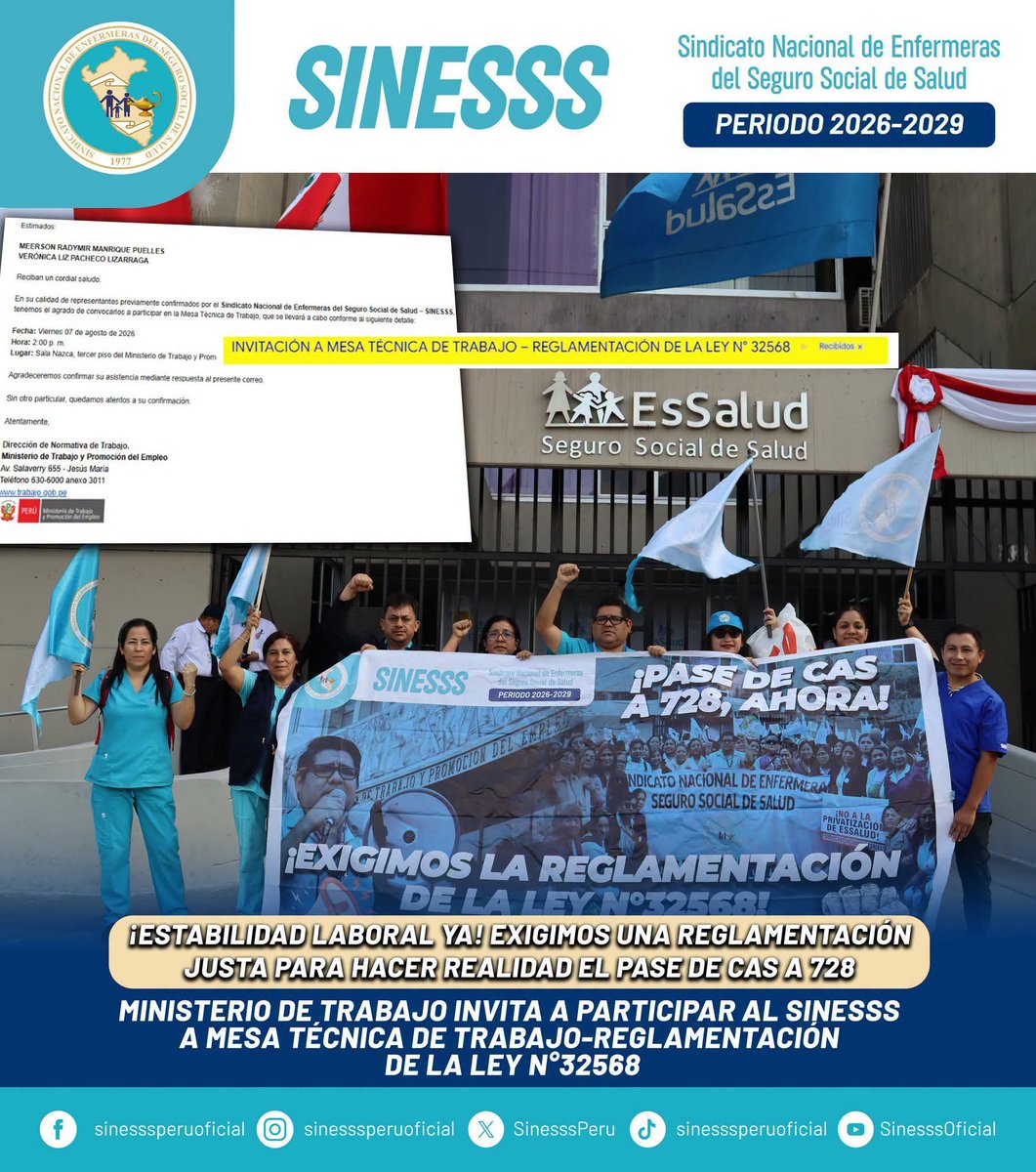SinesssPeru's tweet photo. ✊ Seguimos firmes en la defensa de la estabilidad laboral de la enfermería CAS de EsSalud. Exigimos una reglamentación transparente de la Ley N.° 32568 y el pase de CAS a 728. ¡La justicia laboral no puede esperar! 💙
#SINESSS #EstabilidadLaboralYa #PaseDeCASA728 https://t.co/A386alk4Zv