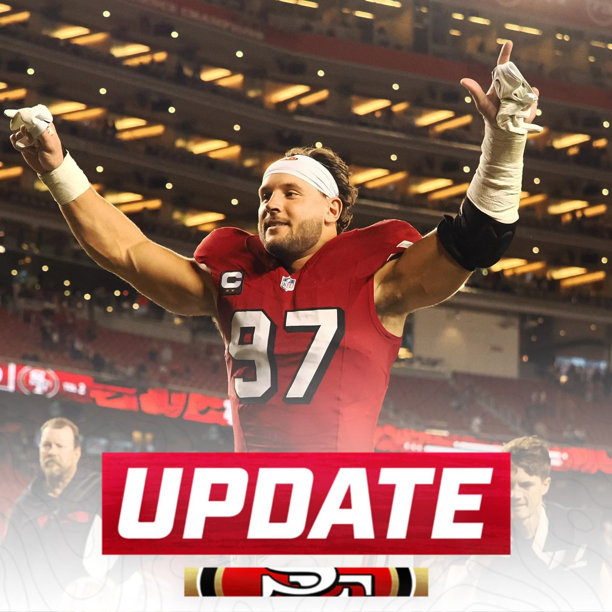 OurSf49ers's tweet photo. #49ers Nick Bosa, Osa Odighizuwa, and Dre Greenlaw will all miss practice due to soreness today, per @LombardiHimself https://t.co/NjA6SEs6CO