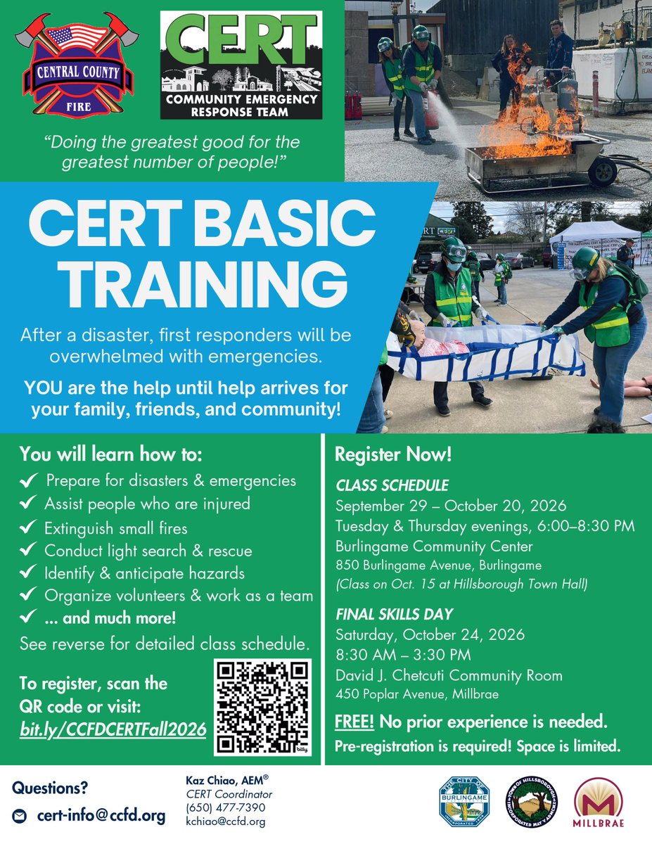 centralcountyfd's tweet photo. If a major earthquake struck tomorrow, would you be ready?

Our FREE Fall 2026 CERT Basic Training begins at the end of next month, and seats are limited. Register ASAP before the class fills: https://t.co/mZOy6Nukyr

Gain the knowledge, confidence, and hands-on skills to protect yourself, your family, and your neighborhood through training in disaster preparedness, fire safety, disaster medical care, light search and rescue, and team organization.

It’s also a great opportunity to meet your local first responders and become part of CCFD CERT, one of the largest CERT programs in San Mateo County by active membership. Members can participate in monthly team meetings, supplemental training, exercises, and community events, and may be activated to support CCFD following a major disaster.

📍 Tuesday and Thursday evenings at the Burlingame Community Center, followed by a final hands-on disaster skills exercise in Millbrae.

Register today before the class fills: https://t.co/mZOy6Nukyr