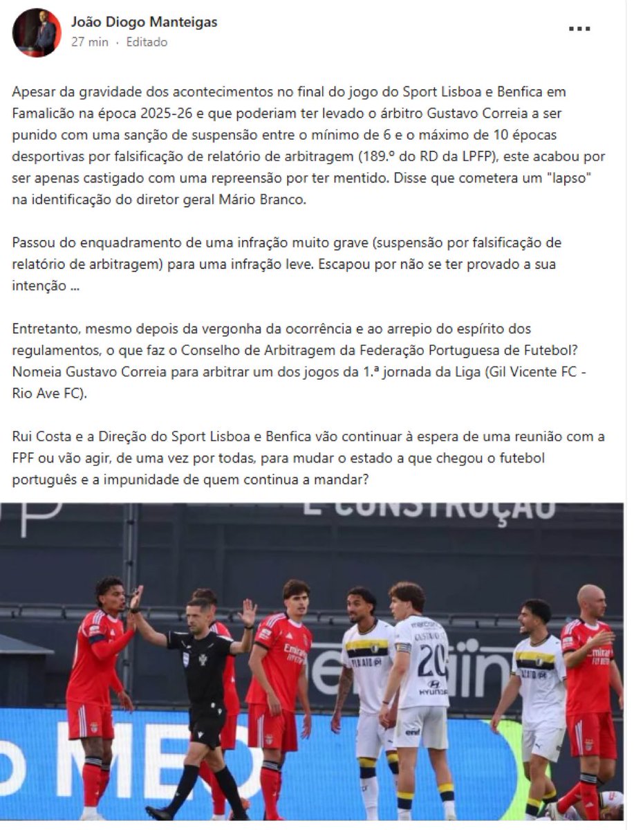 souooliveirawdd's tweet photo. Manteigas ataca o Conselho de Arbitragem.

É uma vergonha que Gustavo Correia continue a arbitrar jogos da Primeira Liga. Ainda mais quando ficou provado que mentiu no relatório sobre o diretor desportivo do Benfica, Mário Branco, e não sofreu qualquer consequência.

Vergonha. Impunidade.