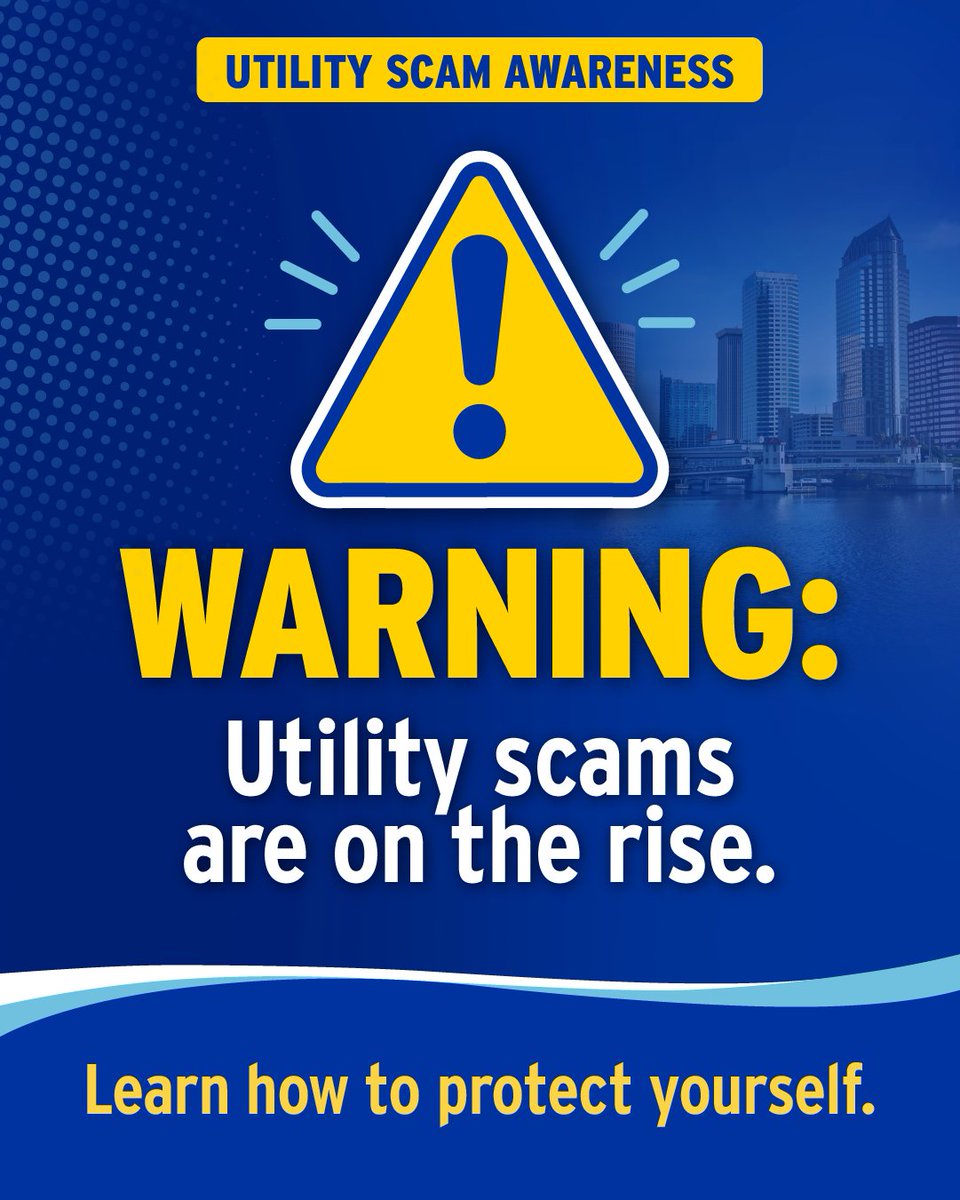 TampaElectric's tweet photo. Scammers create urgency, so people act before they have time to think.  

If someone claiming to represent Tampa Electric pressures you for payment, pause and verify the request through an official channel. Repost this warning.  

#ScamAwareness #UtilityScam #Saftey #TampaElectric