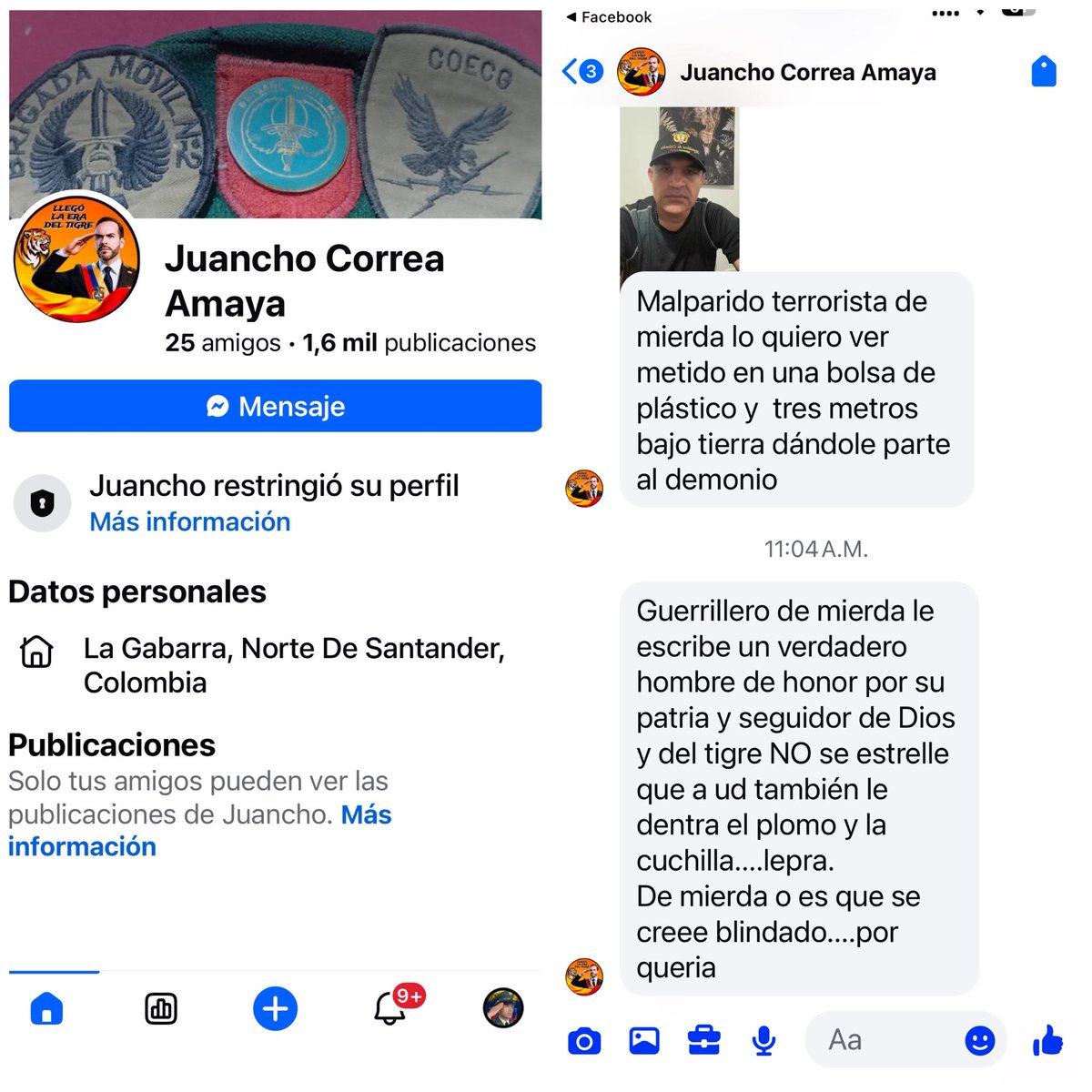 SARGENTOCHALA's tweet photo. Los seguidores de Abelardo de la Espriella, militares retirados con ínfulas de “traquetos y paracos”, nos amenazan con meternos en una bolsa, “dar plomo” y acuchillarnos. Se acostumbraron a que, dentro de las instituciones, mataban a gente inocente, y hoy piensan que lo pueden seguir haciendo; no vaya a ser que de pronto se les voltee la torta.