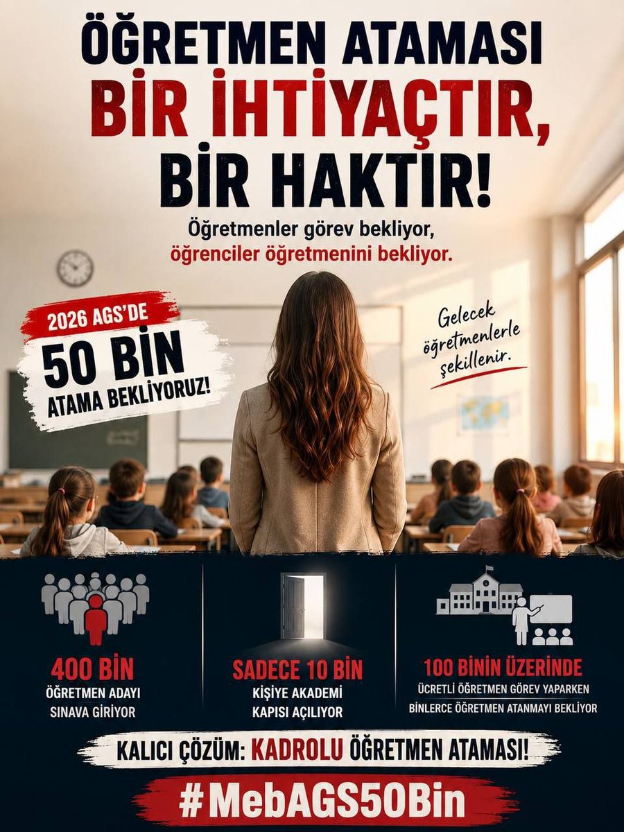 silangltkn_'s tweet photo. 2026 AGS umut olsun, 50 bin öğretmen ataması gerçek olsun.
#MebAGS50Bin @RTErdogan @dbdevletbahceli @Yusuf__Tekin @TalipGeylan06 @tcmeb https://t.co/ZsUAEA7dC0