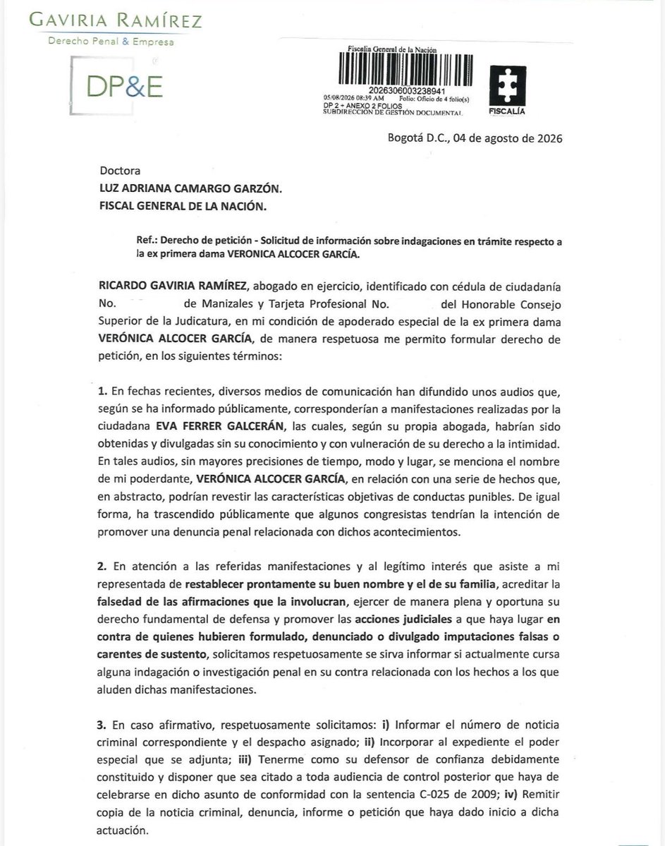 Veronicalcocerg's tweet photo. Hemos enviado derecho de petición a la @FiscaliaCol para solicitar información con el legítimo interés de restablecer prontamente mi buen nombre y el de mi familia. https://t.co/P4maNBtBu5