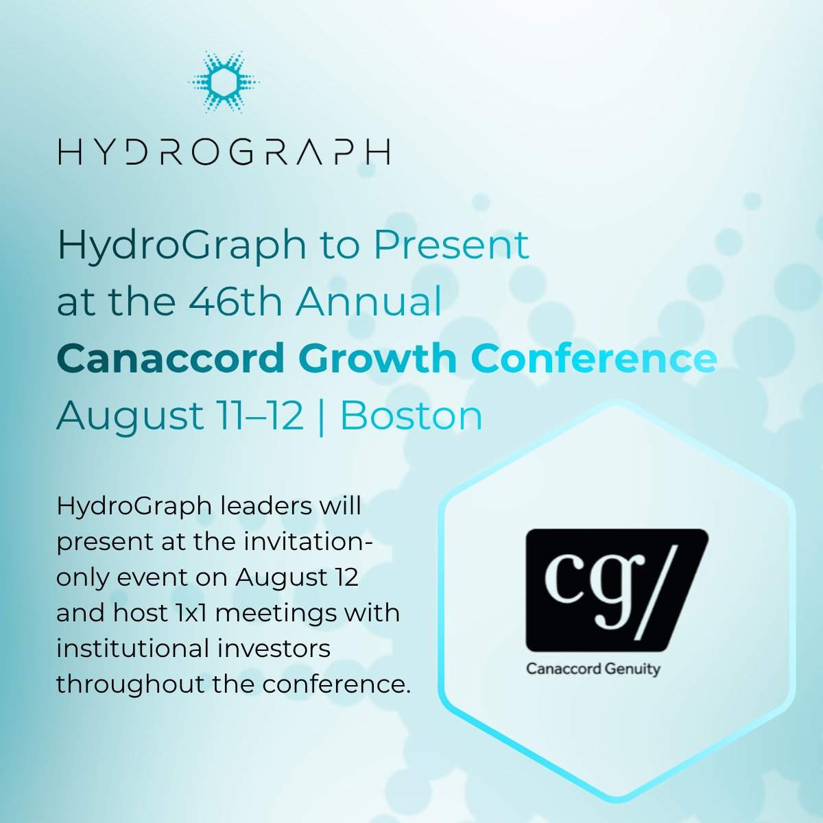HydroGraphInc's tweet photo. HydroGraph ($HG $HGRAF) will participate in the 46th Annual Canaccord Growth Conference on Aug. 11–12 in Boston.

Management will present on Aug. 12 and host 1x1 meetings with institutional investors throughout the conference.

��� https://t.co/YMcYdlC9SK https://t.co/6vuGpCSUW5