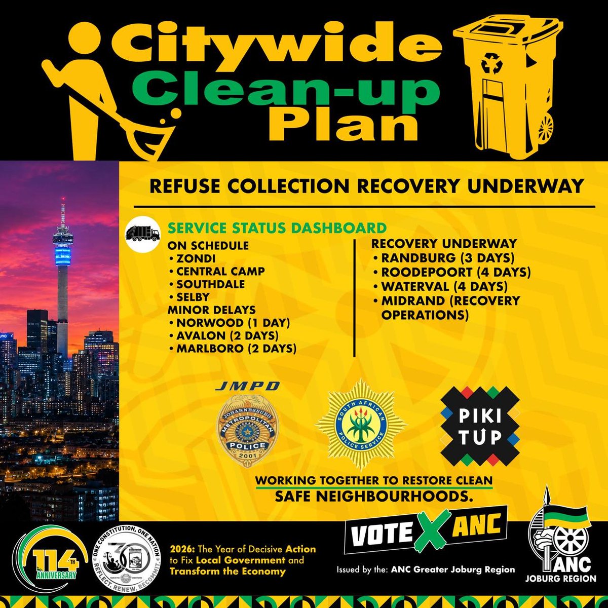ANCJHB's tweet photo. Citywide Clean-Up Plan
Refuse Collection Recovery Underway
#ANCLeads https://t.co/K2XojAoj2K
