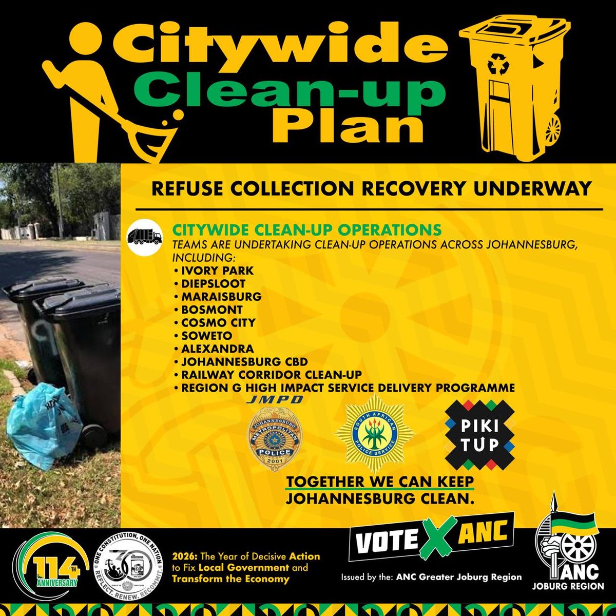 ANCJHB's tweet photo. Citywide Clean-Up Plan
Refuse Collection Recovery Underway
#ANCLeads https://t.co/K2XojAoj2K