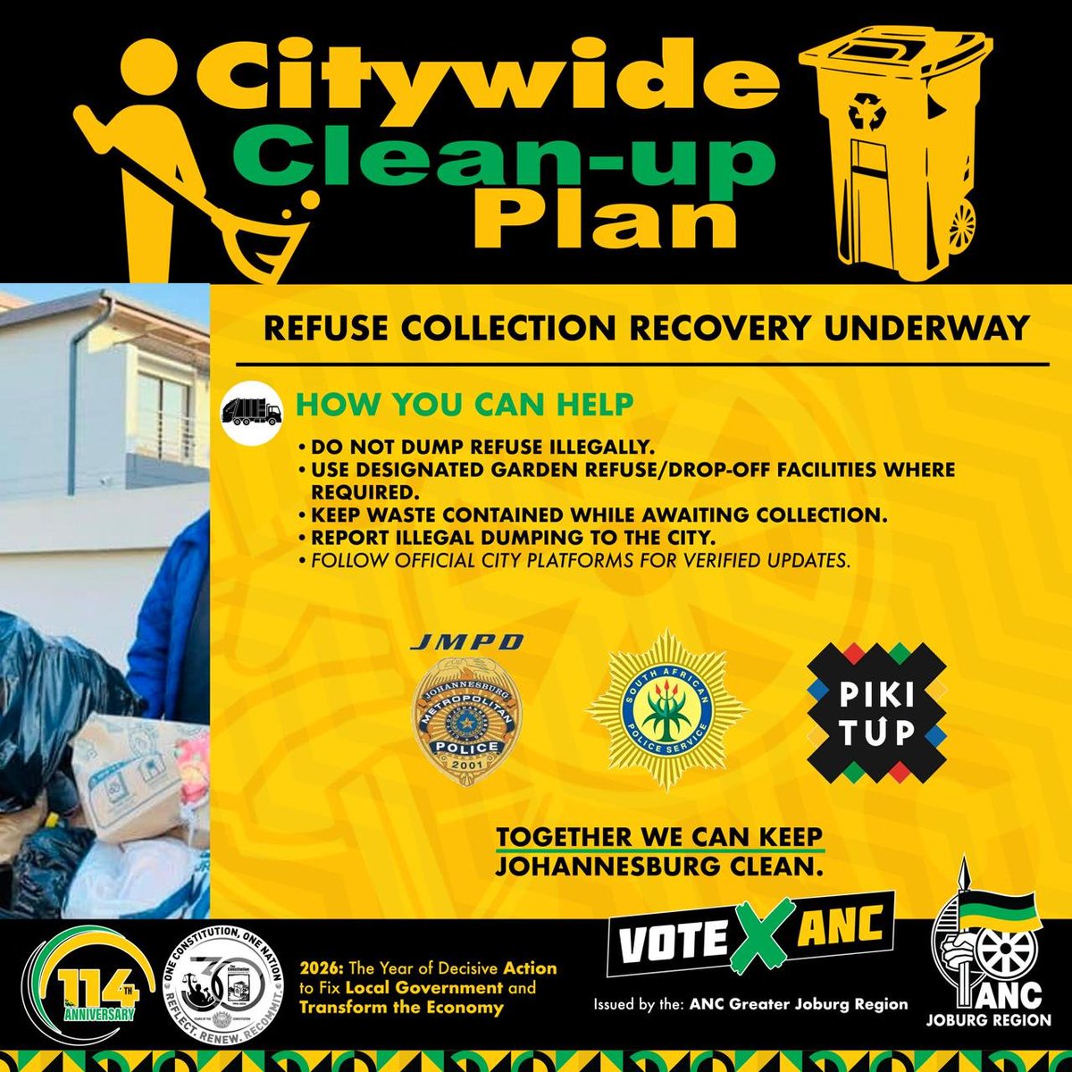 ANCJHB's tweet photo. Citywide Clean-Up Plan
Refuse Collection Recovery Underway
#ANCLeads https://t.co/K2XojAoj2K