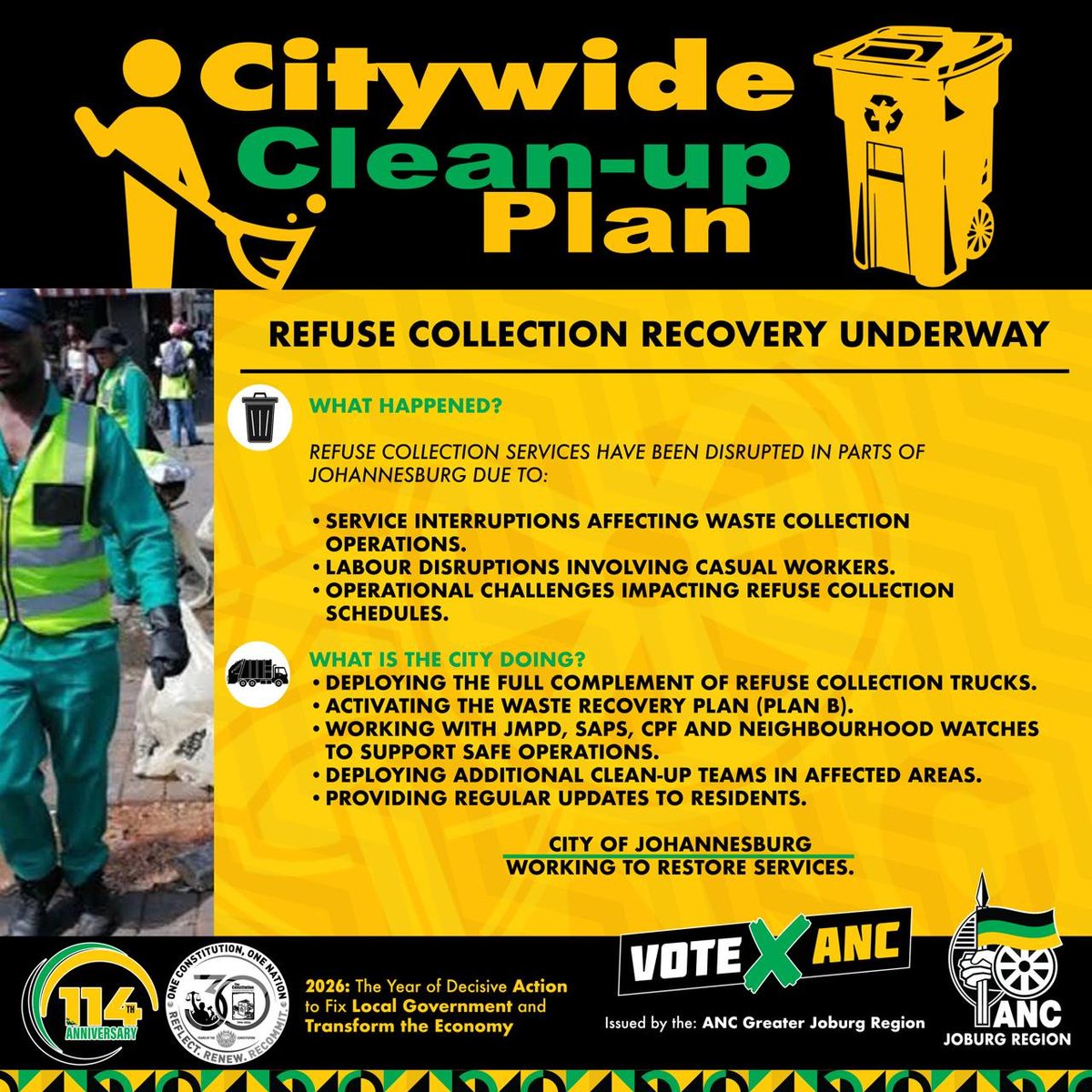 ANCJHB's tweet photo. Citywide Clean-Up Plan
Refuse Collection Recovery Underway
#ANCLeads https://t.co/K2XojAoj2K