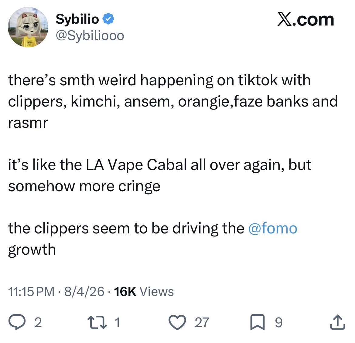 FakeRosaParkXBT's tweet photo. The entire FOMO marketing strategy is going to revolve around guys like Orangie and Brez Scales. They’re creating their own NYC wine fueled Korean orgy form of the LA Vape Cabal. 

They hired one of the marketing guys from cluely and they’re going to go all in on $CATE style plays. This means they will continue to artificially inflate tokens and include guys like Orangie and Brez Scales in order to use them as marketing material. 

The goal is take the audience of kids who watch these whop course grifters and shift them into crypto gamblers, on FOMO. 

And as you saw on $CATE (as well as all their other coins like $GME and $UNC) there will only be one winner at the end of the day. The house will pull the bundle and all the “onboarding” they did will be the exit liquidity. 

This will be the FOMO cycle: 
>Prop up tokens 
>Give their influencers large positions 
>Advertise the gains to teenagers
>Get the teenagers to buy with all the money in their bank
>Hard rug them 

All this to create the facade that their “millionaire” traders are never wrong and you always need to copy them. This is where the money they raised will go, until they run out, TGE, and exit scam. 

This is extremely nefarious and it should be clear to everyone what this team values now. Keep supporting them if you want to but understand what they’re doing to this space