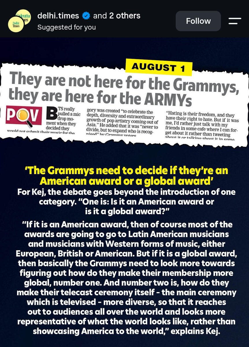 Yoon_kookie97's tweet photo. Delhi Times Instagram Post 😭😭

- “They are not here for the Grammys, they're here for the ARMY'S” 

- “The Grammy need to decide if they're an American award or global award” 

- “Grammys need BTS more than BTS needs the Grammys” https://t.co/XFjRY00Qvr
