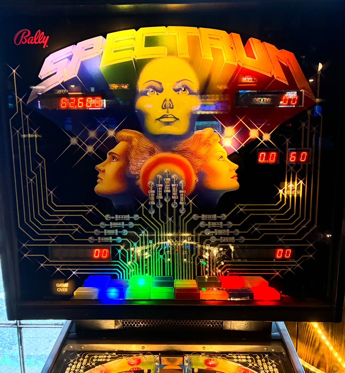 barcade's tweet photo. Spectrum was released by Bally 44 years ago - back in August 1982. No shooter rod, no ramps, no pop bumpers and yet one of the best pinball machines ever made! Our only one is currently at our Fishtown location. #Barcade #pinball #philly #fishtown #Spectrum #Bally https://t.co/5ELjrgRAzG