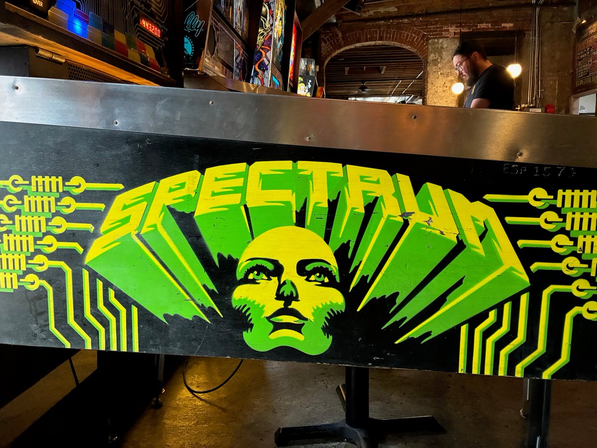 barcade's tweet photo. Spectrum was released by Bally 44 years ago - back in August 1982. No shooter rod, no ramps, no pop bumpers and yet one of the best pinball machines ever made! Our only one is currently at our Fishtown location. #Barcade #pinball #philly #fishtown #Spectrum #Bally https://t.co/5ELjrgRAzG