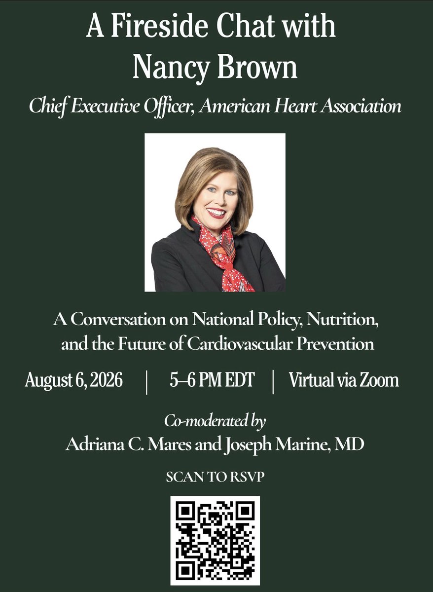 AdrianaCMares's tweet photo. Join us tomorrow for a special fireside chat with Nancy Brown (@NancyatHeart), CEO of the @American_Heart Association!

Dr. Joseph Marine and I will co-moderate a discussion on national policy, nutrition, and the future of cardiovascular prevention.

🗓️ Thursday, August 6
⏰ 5–6 PM EDT
💻 Virtual via Zoom

Register here: https://t.co/4TsYKtQuGQ

@AmHeartAdvocacy