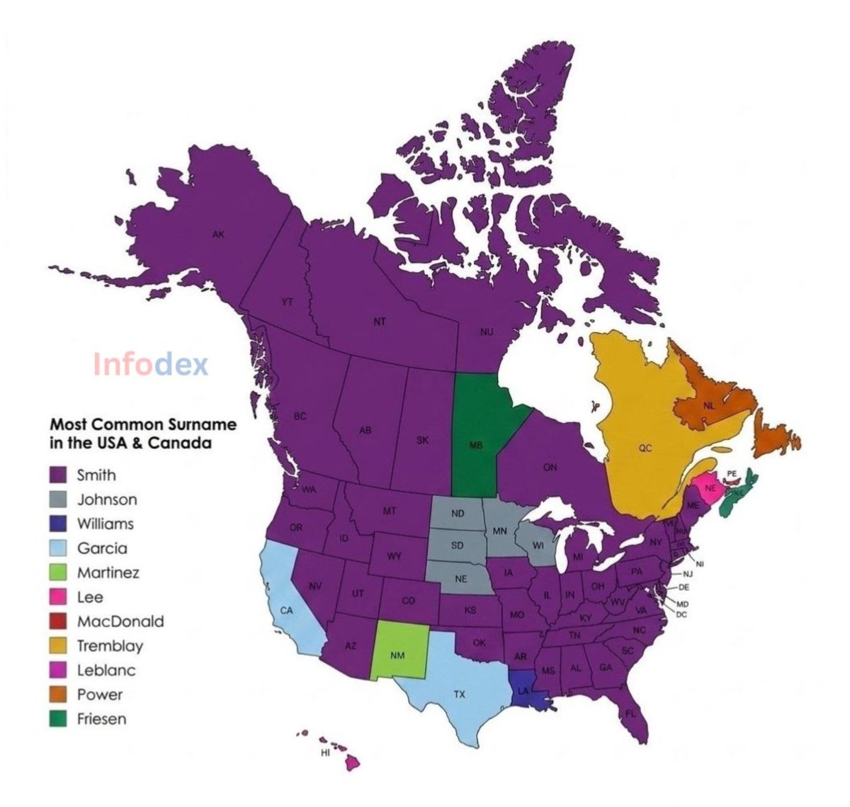 infodexx's tweet photo. Most Common Surname in The USA and Canada. https://t.co/lBTVU6k2F7
