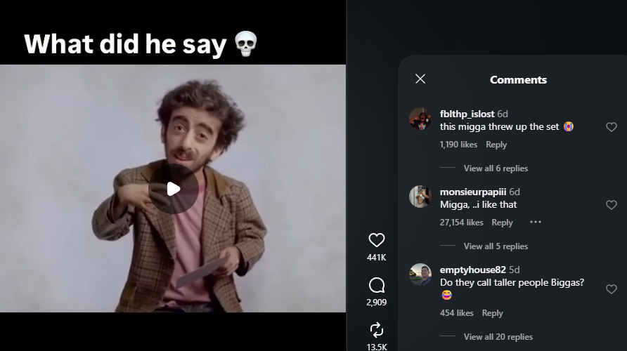 jup_enjoyoors's tweet photo. i've actually just found the next 67 meme, this guy just coined the term Migga to replace N*gga and its gone viral on instagram reels.

everyone is commenting it and doing the hand sign
https://t.co/8NLE5Zrctd https://t.co/TkmLLCJYQh