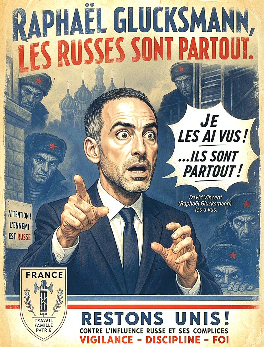 f_asselineau's tweet photo. 🤡 𝗚𝗟𝗨𝗖𝗞𝗦𝗠𝗔𝗡𝗡 𝗣𝗥𝗘𝗧𝗘𝗡𝗗 𝗤𝗨𝗘 «𝗟𝗘𝗦 𝗥𝗨𝗦𝗦𝗘𝗦» 𝗢𝗡𝗧 𝗖𝗢𝗠𝗠𝗘𝗡𝗖𝗘 𝗔 «𝗗𝗘𝗦𝗧𝗔𝗕𝗜𝗟𝗜𝗦𝗘𝗥» 𝗦𝗔 𝗖𝗔𝗡𝗗𝗜𝗗𝗔𝗧𝗨𝗥𝗘 𝗣𝗢𝗨𝗥 𝟮𝟬𝟮𝟳
Glucksmann n'est pas du tout sûr d'être choisi par le PS comme candidat pour 2027, tant ses interventions dans les médias ont suscité la consternation, ou l'hilarité générale, par leur effarante niaiserie.

Mais il a trouvé la parade pour que l'on continue à lui porter quelque attention.

Se fondant sur le prétendu rapport d'on ne sait quelle officine, il affirme que «les Russes» ont lancé à son encontre une «opération de déstabilisation» pour torpiller sa candidature en 2027.

À croire que Poutine serait ravagé d'inquiétude à l'hypothèse d'une candidature Glucksmann au poste de Gouverneur du protectorat🇺🇸🇪🇺 de France.

---
COMMENTAIRES
---
Cette prétention de Glucksmann à se croire le centre des préoccupations du Kremlin se heurté au fait :

1) que les autorités russes ont bien d'autres choses à faire que d'essayer de torpiller un politicien français qui se torpille parfaitement lui-même, et que personne n'imagine plus candidat du PS, et encore moins élu

2) que s'il y a bien quelqu'un de disqualifié pour s'indigner des ingérences étrangères, c'est Glucksmann lui-même.

Car c'est un expert du domaine :

-de notoriété publique très proche des services d'influence🇺🇸, il a participé avec son père au Cercle de l'oratoire, think-tank ultra-pro🇺🇸

-il s'est installé à Tbilissi🇬🇪 pour y être le collaborateur du président géorgien Saakachvili, agent de la CIA et mafieux notoire, auquel il fut présenté (alors qu'il n'avait que 29 ans !) par Bernard-Henri Lévy, un ami de la famille

-il a été marié en premières noces à Eka Zgouladze, à l'époque vice-ministre de l'Intérieur de Géorgie🇬🇪 accusée de commanditer des actes de torture sur les opposants politiques à la dictature pro🇺🇸 de Saakachvili.  

-à la chute de Saakachvili, il s'est enfui avec sa femme en Ukraine🇺🇦 lorsqu'elle fut miraculeusement naturalisée ukrainienne et nommée, grâce aux réseaux CIA, Première vice-ministre de l'Intérieur 🇺🇦 (cas unique dans les annales!) et proche des responsables du Maïdan

-il est le gendre de Ghassan Salomé,🇱🇧🇫🇷, membre du conseil d'administration de l'Open Society de George Soros🇺🇸

-comme si les choses n'étaient pas suffisamment claires pour tout le monde,il est allé récemment exposer à des élèves les ingérences auxquelles il a pris part en faveur du régime Zelensky en Ukraine ! (Cf. vidéo dans le tweet suivant).

---
CONCLUSION
---
Depuis que Glucksmann a créé son parti "Place Publique" fin 2018, l'essentiel de son action politique a consisté :

▪️à ressasser les poncifs les plus éculés en faveur de la "construction européenne"

▪️à épouser tous les combats de l'État profond euro-atlantiste.

Glucksmann est ainsi devenu concomitamment :

❌l'ardent partisan d'une Europe fédérale immigrationniste et de la dilution de la France dans ce magma sous domination🇺🇸

❌️le héraut du régime Zelensky🇺🇸🇪🇺🇺🇦 contre la Russie

❌️le champion des frappes🇺🇸🇮🇱 contre l'Iran

❌️le soutien de l'intervention🇺🇸 au Venezuela

❌️le protecteur des Tibétains, Ouïghours, Hongkongais et Taïwanais qui rejettent Pékin

❌️le défenseur de Boualem Sansal

etc.

Mais, obéissant bien sûr au 2 poids-2 mesures imposé par l'oligarchie, Glucksmann n'émet jamais la moindre protestation contre les crimes commis par les alliés des🇺🇸
-Israël à Gaza et au Liban
-Arabie saoudite
-Bahreïn
-crimes de masse du régime rwandais au Congo
-etc.

Au total, les préoccupations quotidiennes des Français l'intéressent beaucoup moins que d'inciter les électeurs à se soumettre,contre leur intérêt,aux forces🇺🇸🇪🇺.

D'où l'échec cinglant de sa chaîne sur YouTube. Là où UPR-TV compte 510.000 abonnés et 125 millions de vues cumulées, Place Publique culmine à 2.750 abonnés et 358.000 vues.

Glucksmann ne représente rien d'autre que ceux qui l'emploient et qui le poussent dans les médias avec la même ardeur qu'ils me censurent.

--