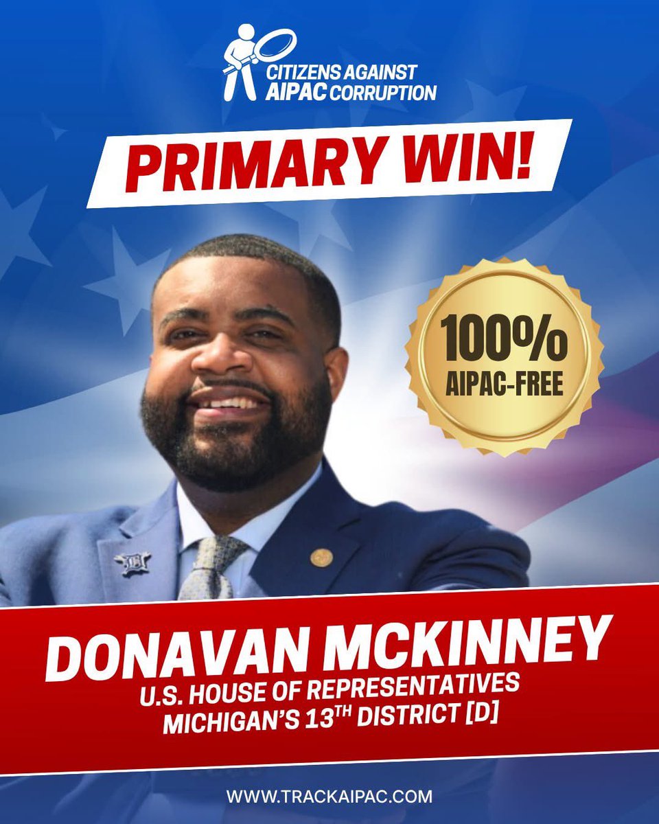 TFilastin's tweet photo. Félicitations à Donavan McKinney, candidat au Congrès, pour avoir battu Shri Thanedar, le député soutenu par l'AIPAC, dans la circonscription #MI13 !
S'opposer au génocide, c'est à la fois une bonne politique et une bonne stratégie politique !
AIPAC Tracker https://t.co/h4c8JHUnT3