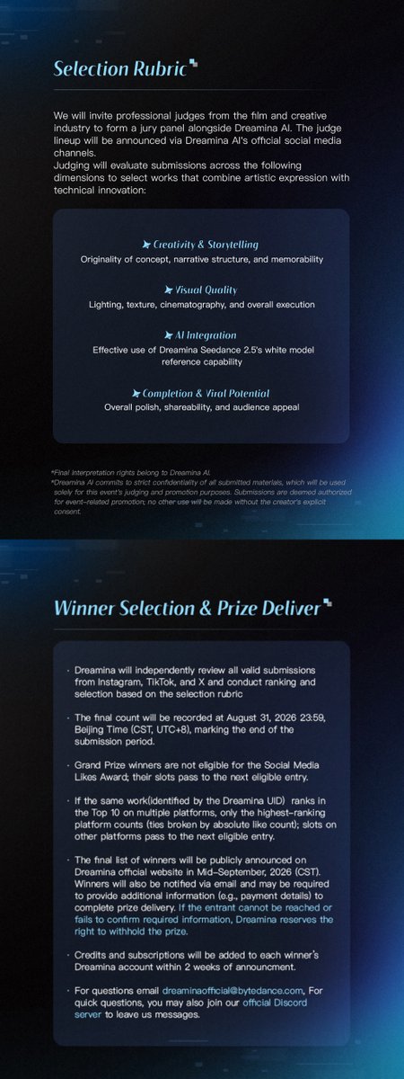 dreamina_ai's tweet photo. Submissions Now Open for the Story Unboxed – Dreamina Seedance 2.5 3D Reference Creative Contest

How many stories can one 3D reference animation generate?
This contest invites creators worldwide to submit AI works based on 3D reference. We provide official 3D reference animation assets — and with Dreamina Seedance 2.5 3D white model reference capability, creators can reinterpret the same 3D reference animation to create different characters, styles, worlds, and narratives, letting the same reference blossom into completely different stories.

🏆 Prizes
Grand Prizes (jury‑selected, 10 winners):
-Champion: $50,000 USD + 1,000,000 Dreamina Credits
-Runner‑up: $20,000 USD + 100,000 Dreamina Credits
-3rd Place: $10,000 USD + 10,000 Dreamina Credits
-4th–10th Place: 1 month of Dreamina Advanced Membership each

Social Media Likes Award (Top 10 per platform – TikTok, Instagram, X):
Each winner receives 30,000 Dreamina Credits.

📅 Submission Period
August 5 – August 31, 2026

📋 How to Participate
-Download the official white model reference video, select Dreamina Seedance 2.5, upload the reference, enter your creative prompt, generate your stylized short film, and submit via the Dreamina AI website.
-Publish your work on at least one of the following platforms: TikTok, Instagram, or X, with the required hashtags: #DreaminaAI #DreaminaSeedance25 #DreaminaSeedance25Contest.
-Complete the submission form On Dreamina Website.
All three steps must be completed for a valid entry.

Tell your story with the same white model. Submit now and show the world your unique vision.

#DreaminaAI #DreaminaSeedance25 #DreaminaAI3DContest