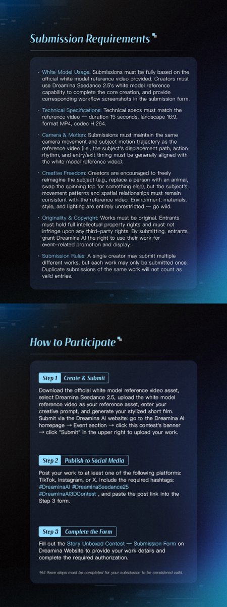 dreamina_ai's tweet photo. Submissions Now Open for the Story Unboxed – Dreamina Seedance 2.5 3D Reference Creative Contest

How many stories can one 3D reference animation generate?
This contest invites creators worldwide to submit AI works based on 3D reference. We provide official 3D reference animation assets — and with Dreamina Seedance 2.5 3D white model reference capability, creators can reinterpret the same 3D reference animation to create different characters, styles, worlds, and narratives, letting the same reference blossom into completely different stories.

🏆 Prizes
Grand Prizes (jury‑selected, 10 winners):
-Champion: $50,000 USD + 1,000,000 Dreamina Credits
-Runner‑up: $20,000 USD + 100,000 Dreamina Credits
-3rd Place: $10,000 USD + 10,000 Dreamina Credits
-4th–10th Place: 1 month of Dreamina Advanced Membership each

Social Media Likes Award (Top 10 per platform – TikTok, Instagram, X):
Each winner receives 30,000 Dreamina Credits.

📅 Submission Period
August 5 – August 31, 2026

📋 How to Participate
-Download the official white model reference video, select Dreamina Seedance 2.5, upload the reference, enter your creative prompt, generate your stylized short film, and submit via the Dreamina AI website.
-Publish your work on at least one of the following platforms: TikTok, Instagram, or X, with the required hashtags: #DreaminaAI #DreaminaSeedance25 #DreaminaSeedance25Contest.
-Complete the submission form On Dreamina Website.
All three steps must be completed for a valid entry.

Tell your story with the same white model. Submit now and show the world your unique vision.

#DreaminaAI #DreaminaSeedance25 #DreaminaAI3DContest